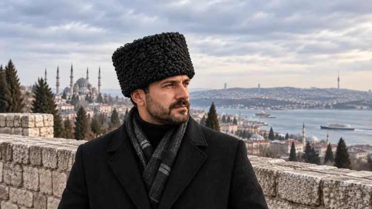 Black papakha hat worn in winter in Istanbul