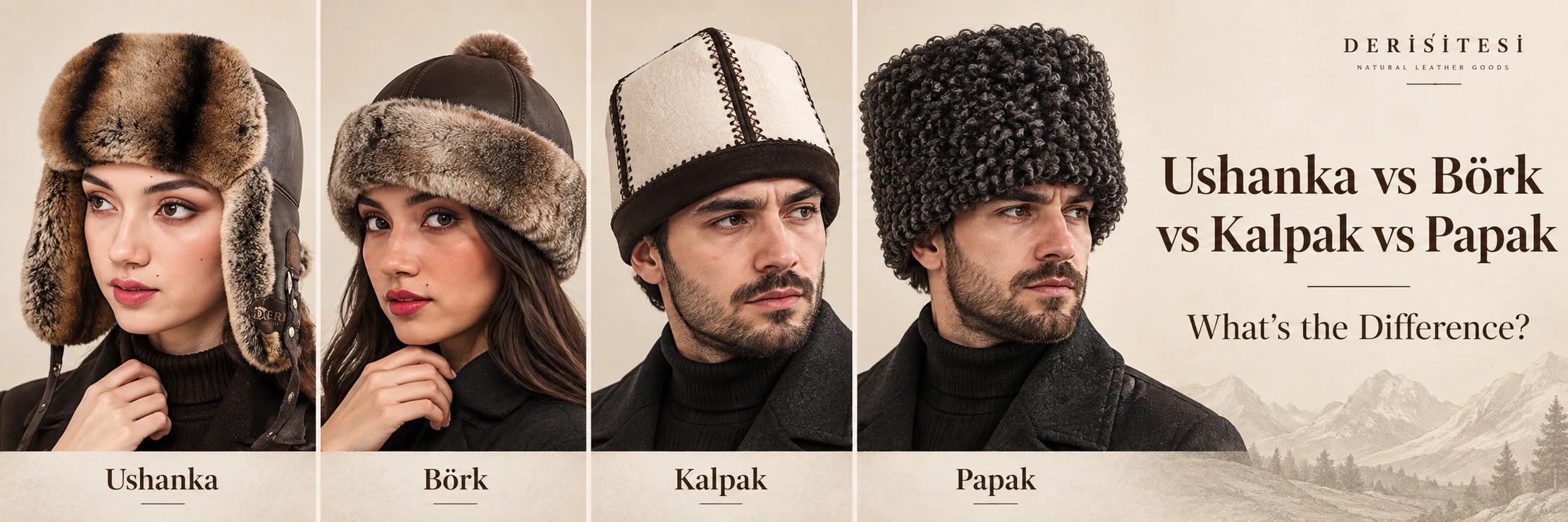 Ushanka, bork, kalpak and papak traditional winter hat comparison