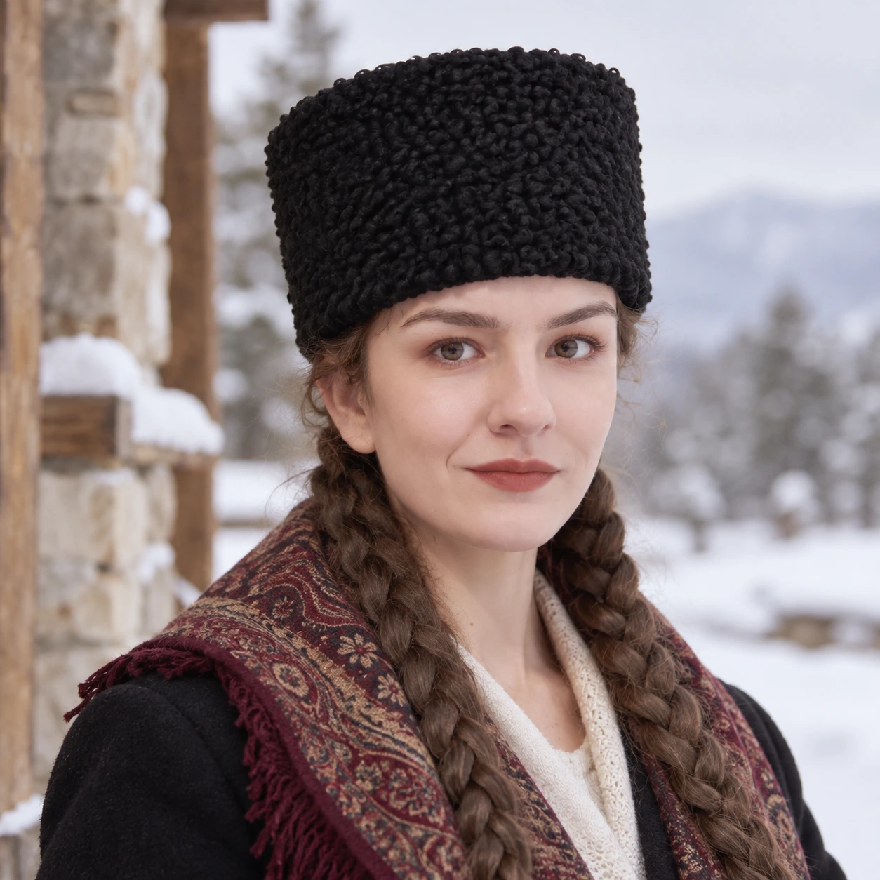 Black karakul hat worn outdoors in winter