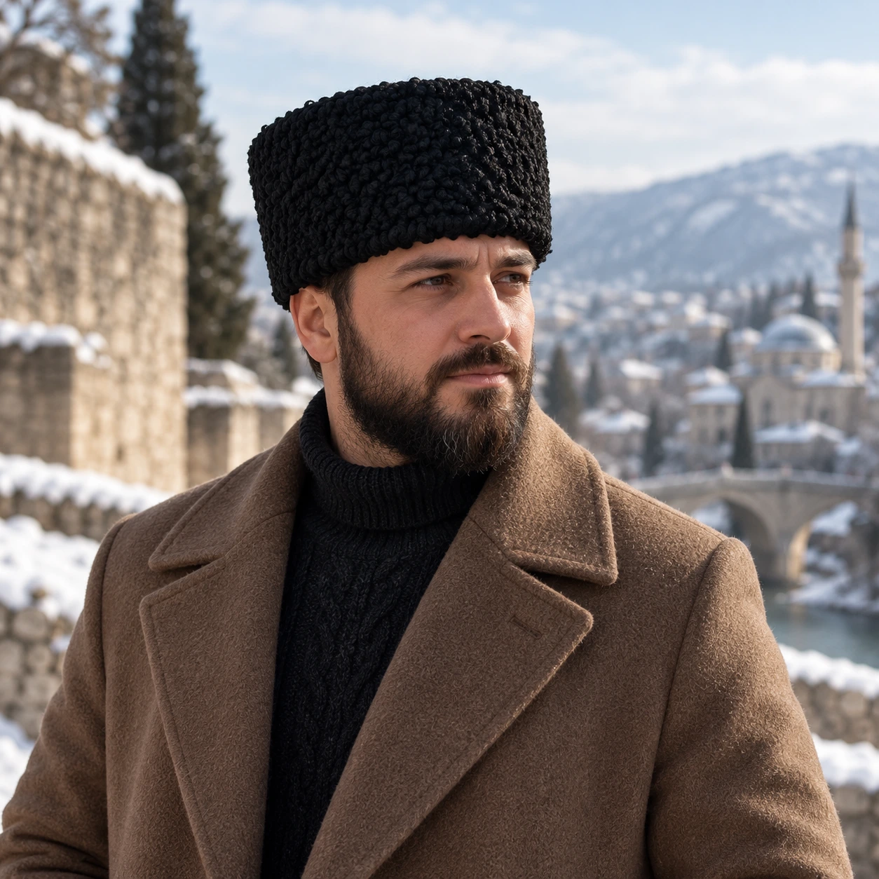 Black karakul papakha hat with tightly curled texture