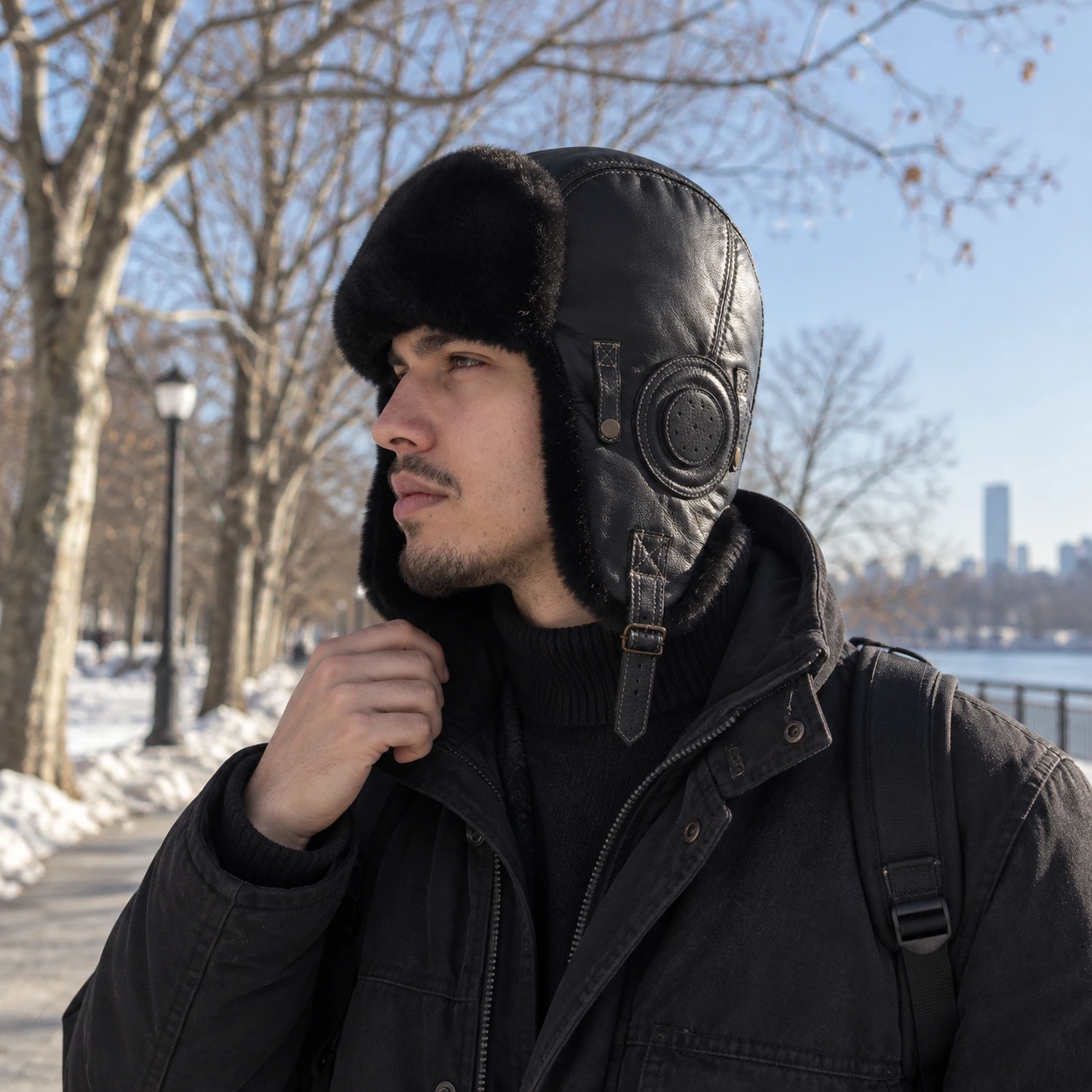 Black leather aviator winter hat with fur-lined ear flaps