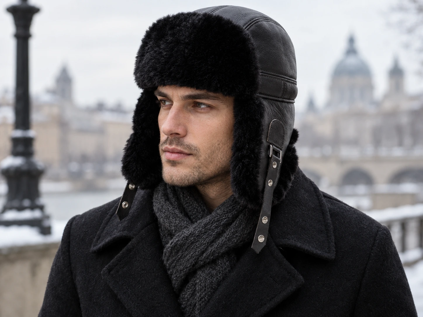 Man wearing a black leather trapper hat with black fur ear flaps in winter