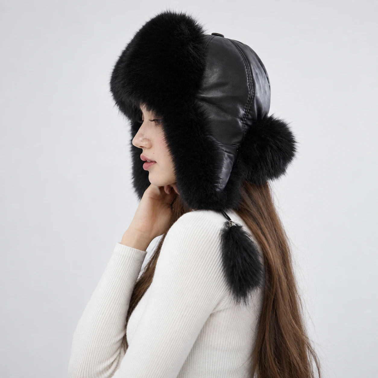 Black leather ushanka winter hat with fur ear flaps