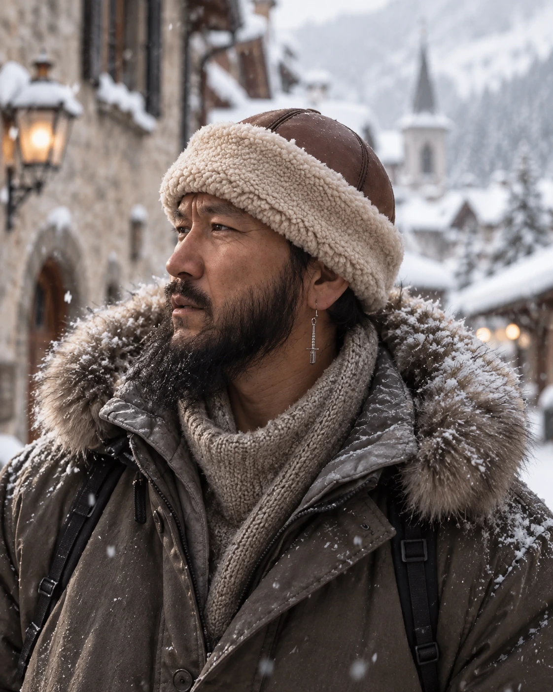 Brown leather sheepskin hat with natural wool band