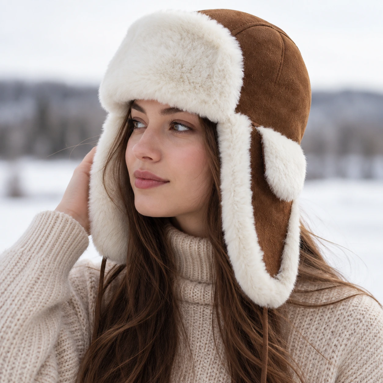 Brown sheepskin trapper hat with white fur ear flaps