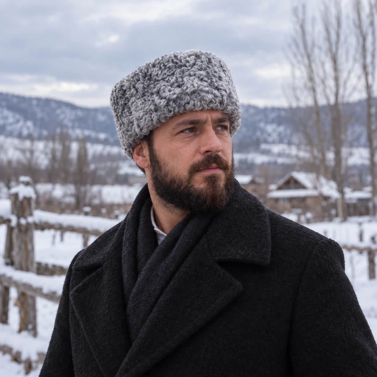 Gray karakul hat worn outdoors in a snowy landscape