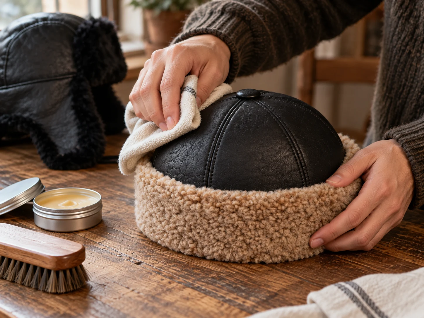 Cleaning a black leather hat gently with a soft cloth