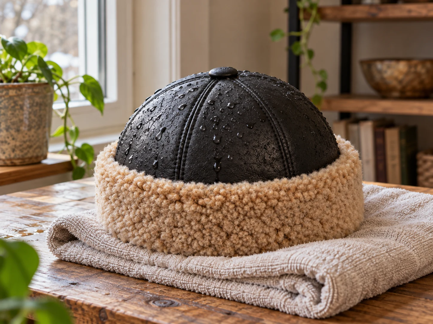 Wet black leather hat air drying naturally on a towel