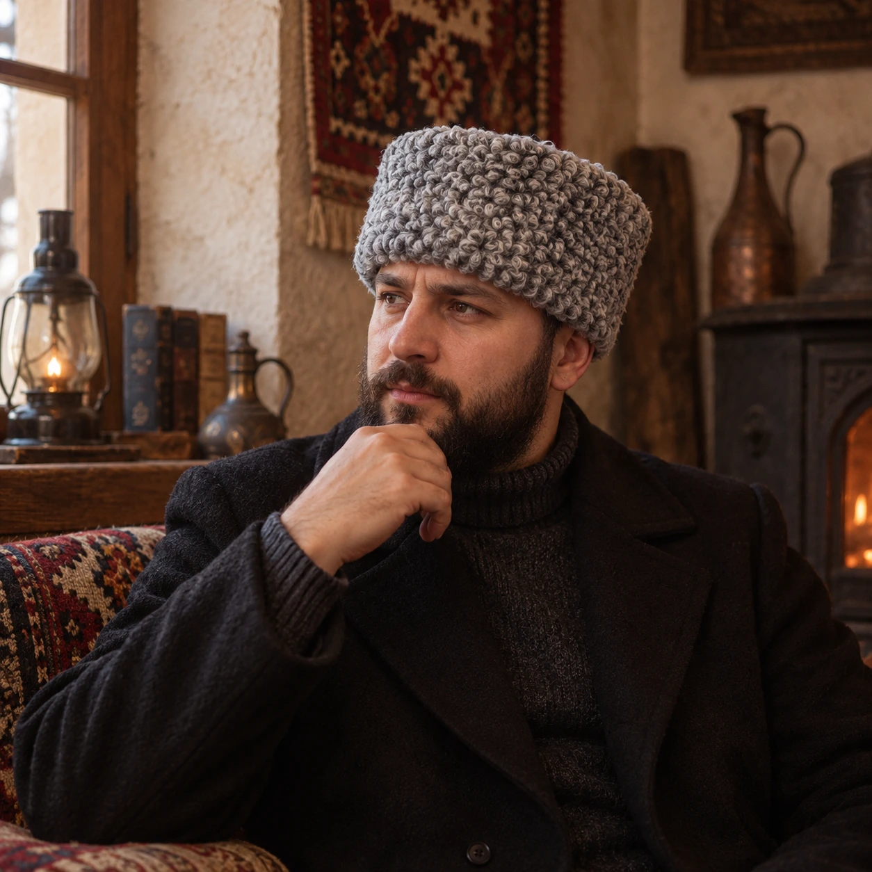 Gray karakul hat in a traditional indoor setting