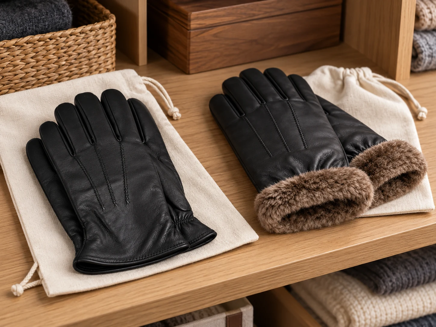 Leather gloves stored flat on breathable cloth bags
