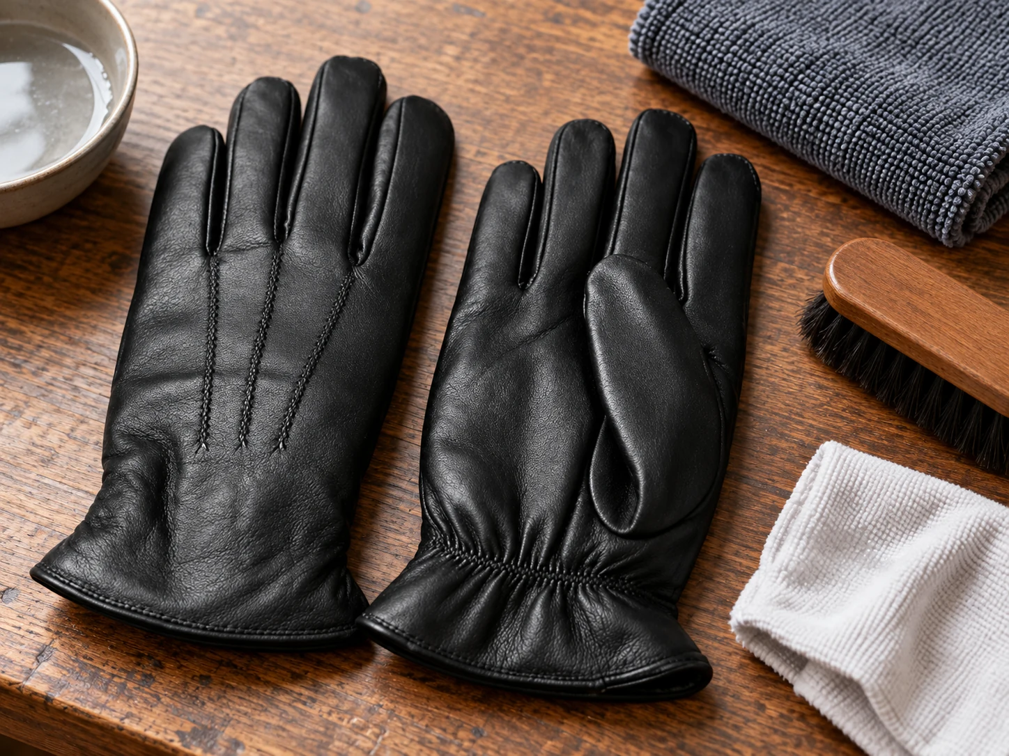 Black leather gloves prepared for gentle surface cleaning