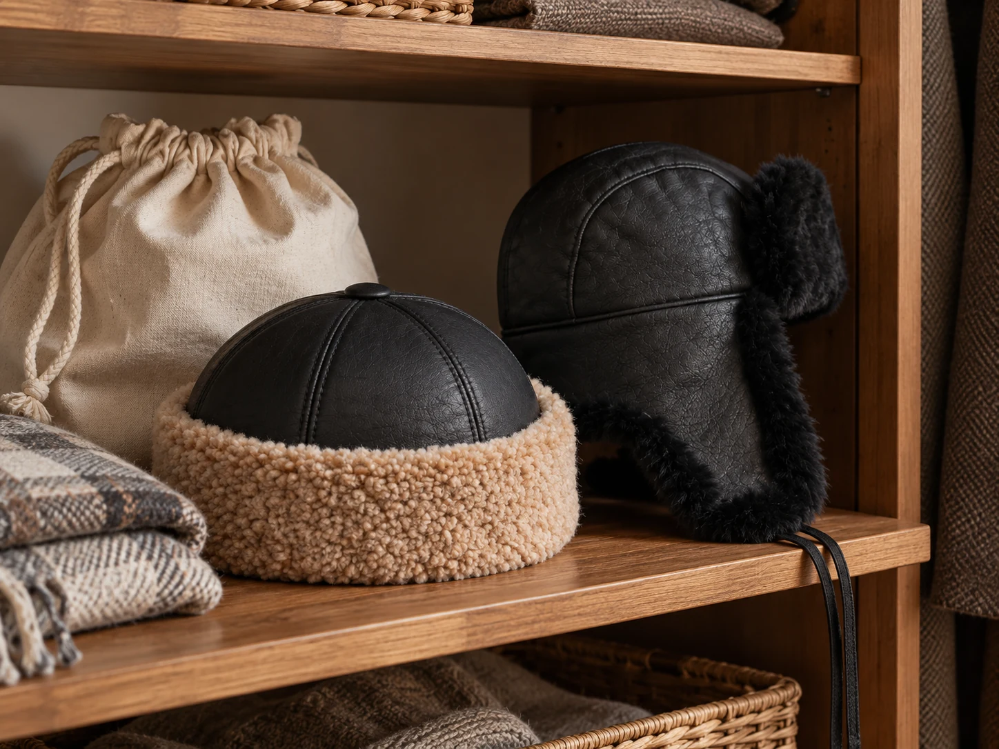Leather hats stored on a wooden shelf with a breathable cloth bag