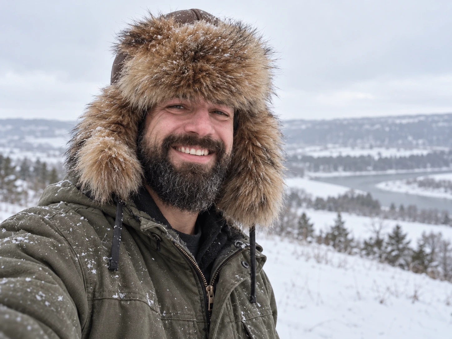 Man wearing a leather winter hat outdoors in snowy weather