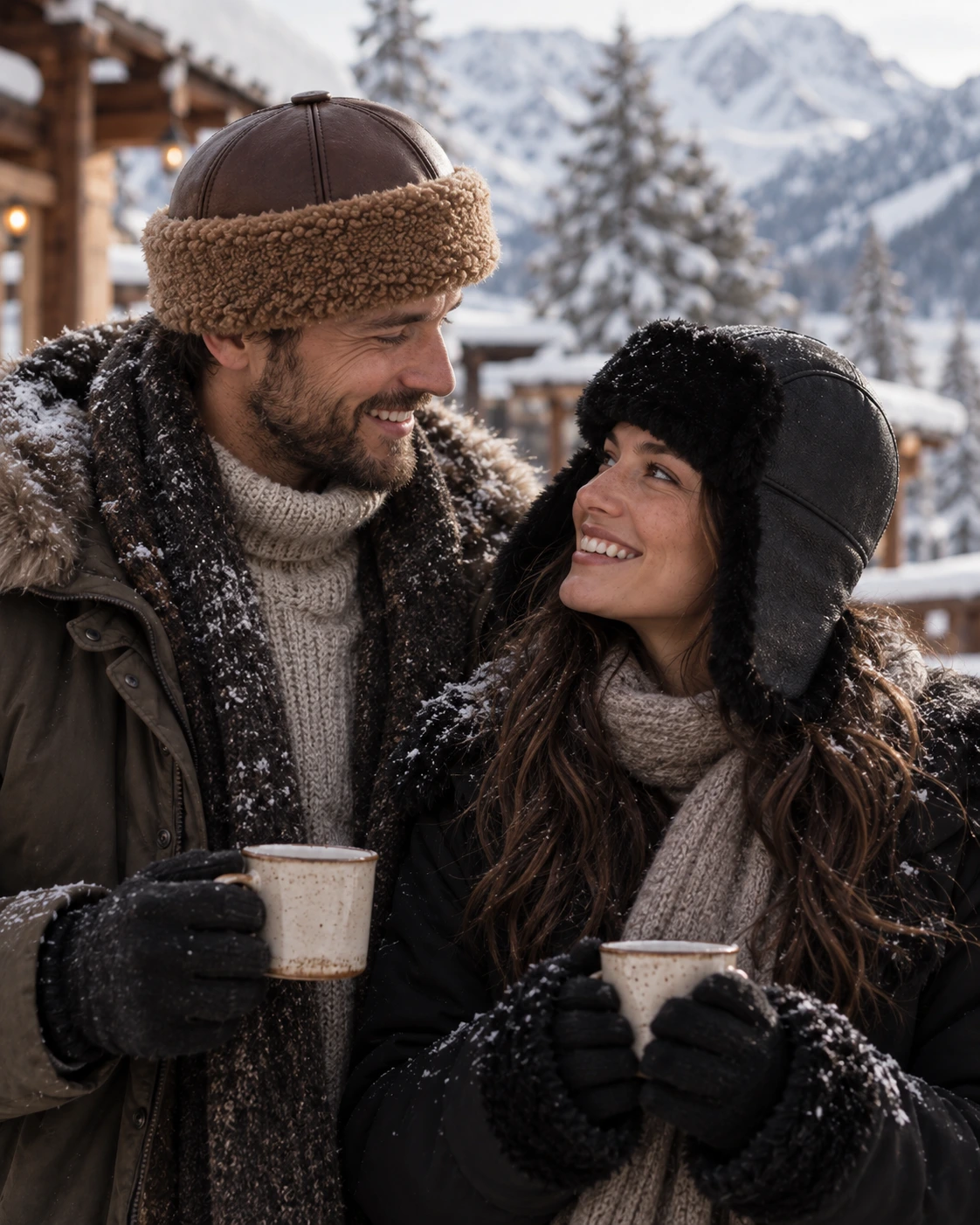 Man wearing a leather sheepskin winter hat outdoors