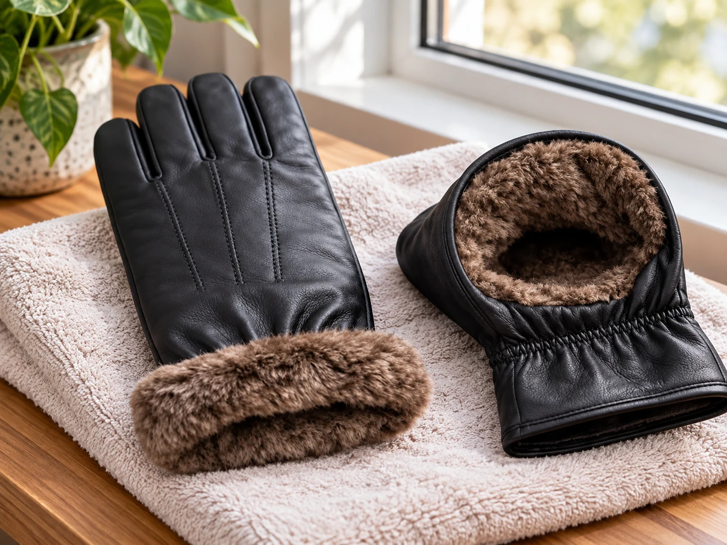 Shearling lined black leather gloves for winter glove care