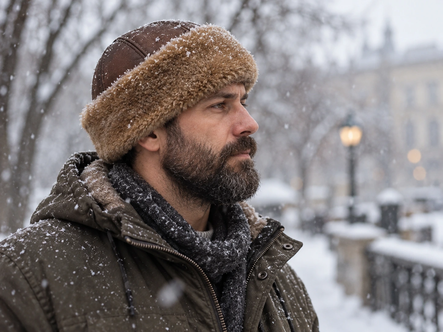 Sheepskin lined leather winter hat worn in falling snow