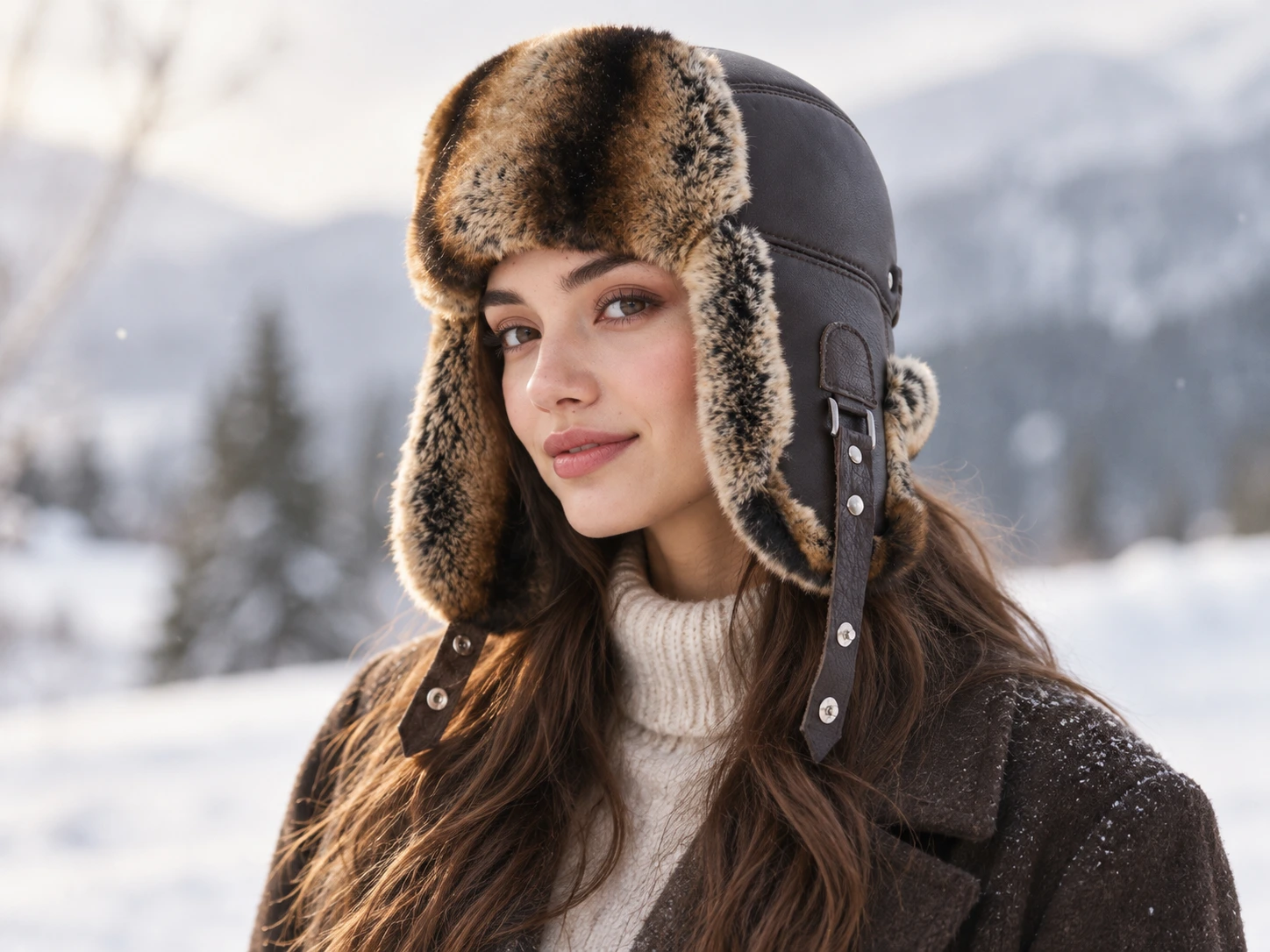 Woman wearing a brown leather trapper hat with fur-trimmed ear flaps in winter