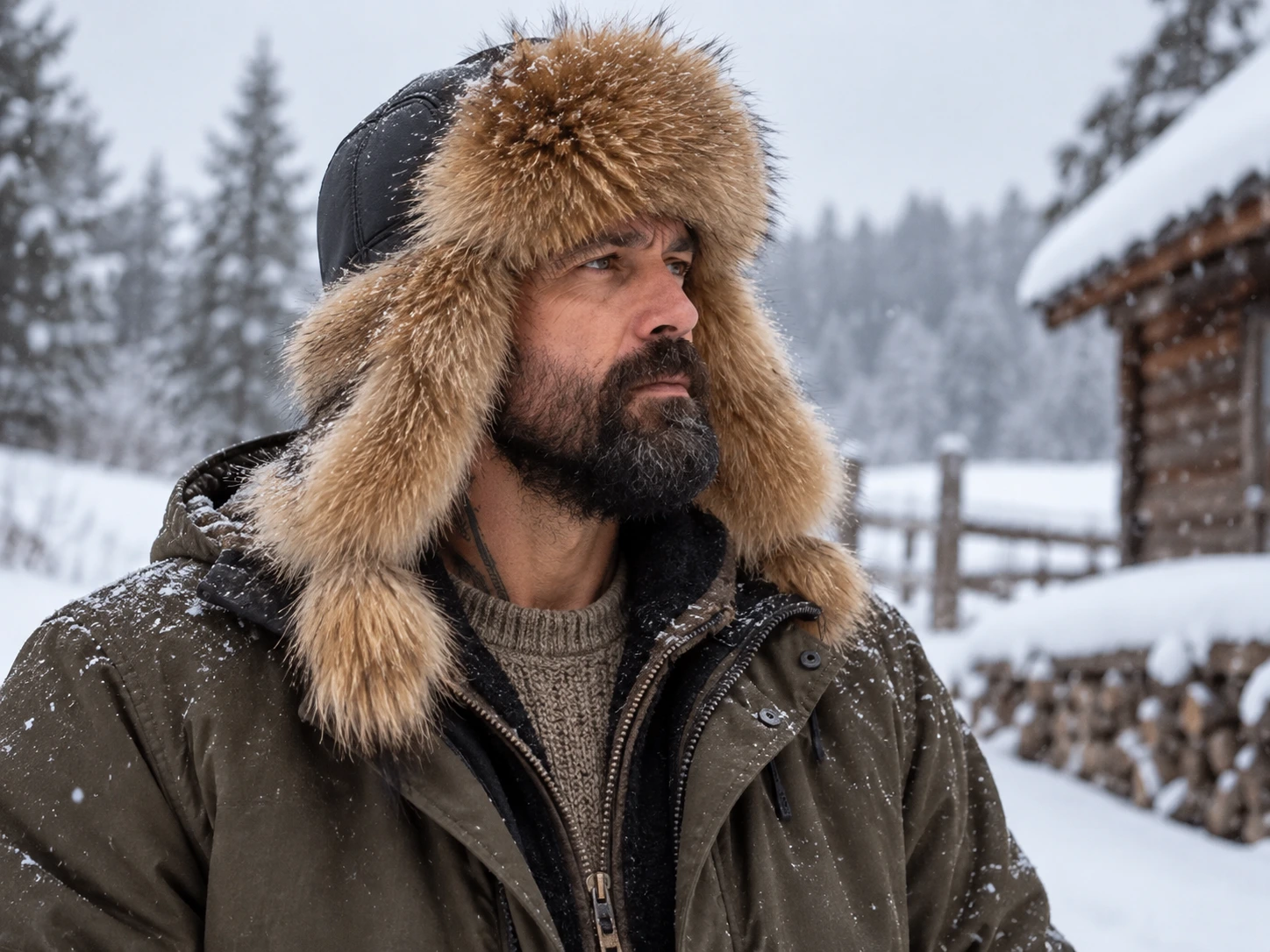 Winter fur hat with full ear coverage in snowy outdoor conditions