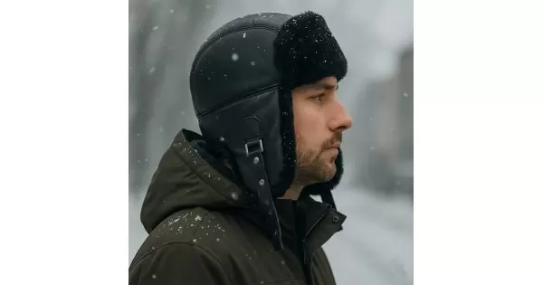 DeriSitesi Ş052 black lamb leather ushanka with functional ear flaps and buckle, genuine sheepskin-fur lining