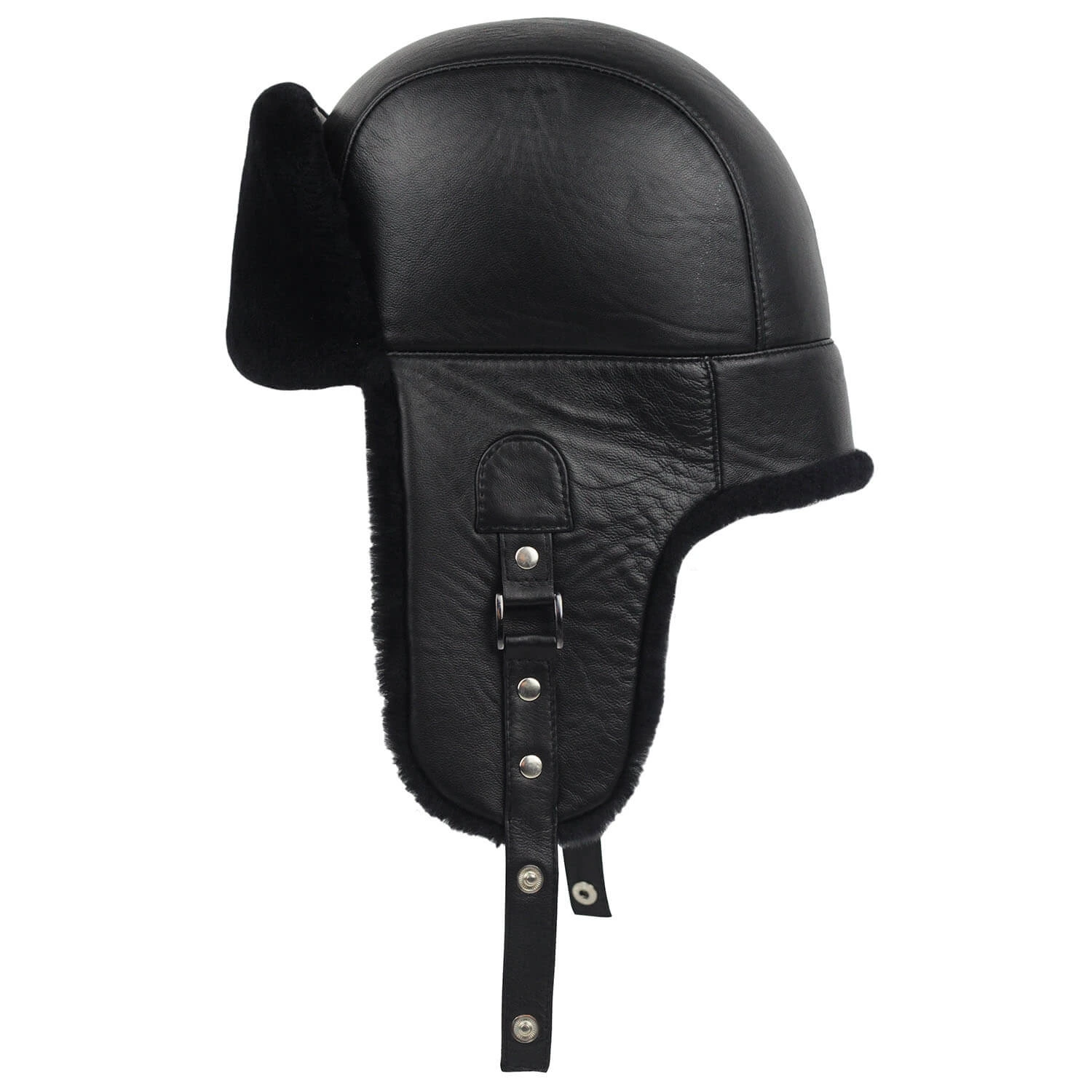 Black leather ushanka hat for men with black fur ear flaps