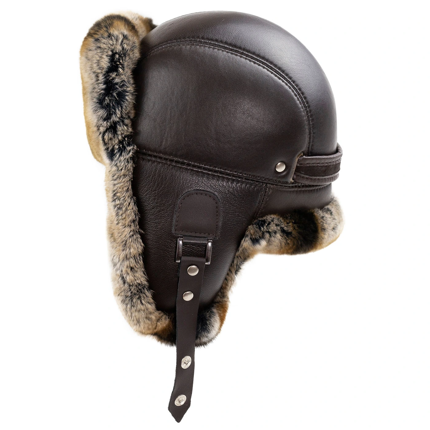 Brown leather ushanka hat with fur ear flaps and buckle straps