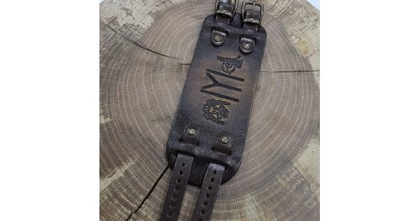 Real BK010 genuine leather broad cuff featuring Kayi, Seljuk Eagle and Ottoman Tughra motifs, about 2.4 inches (6 cm) wide