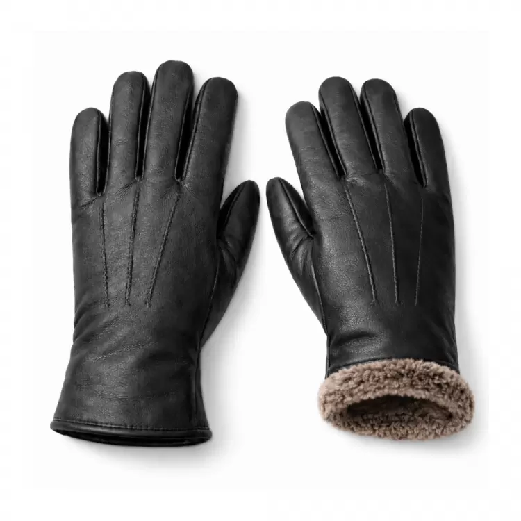 Black lambskin winter gloves with visible real shearling lining