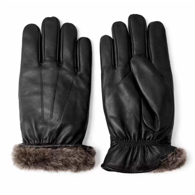 Real black lambskin leather gloves with natural fur-trimmed cuffs and visible stitches