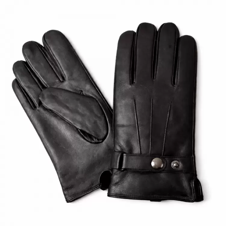 Men’s black goatskin leather gloves with wrist strap construction