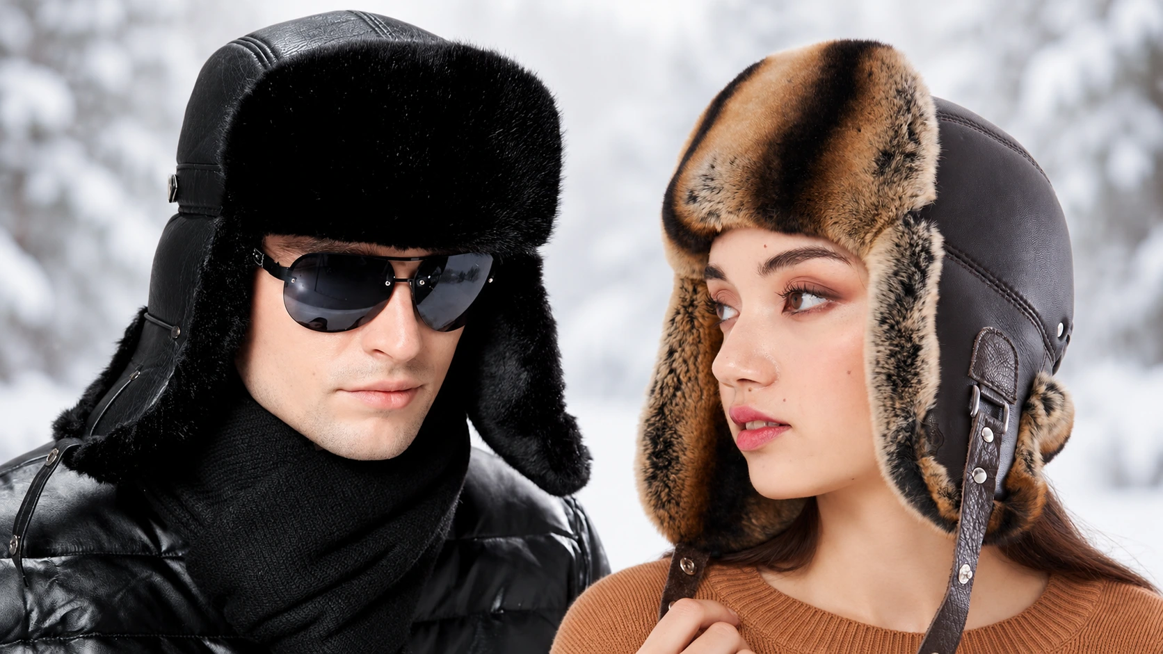 Man and woman wearing leather ushanka hats in winter