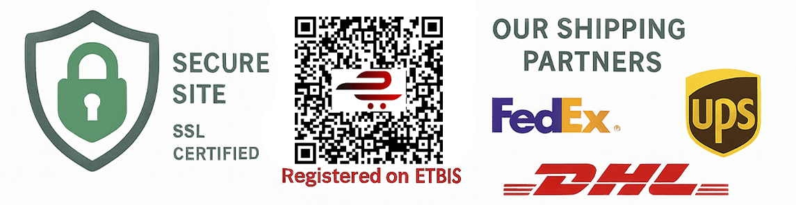 Secure site with SSL certification badge, verified QR code registered on ETBIS, and trusted shipping partners FedEx, DHL, UPS shown clearly, ensuring fast, reliable, and safe delivery.