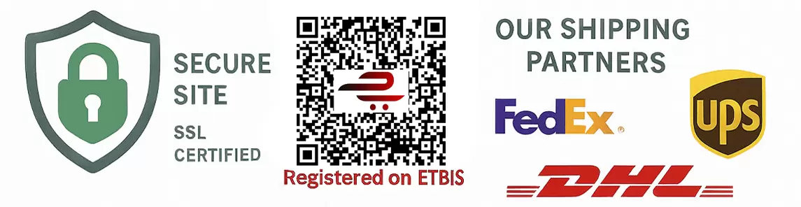 SSL certified secure site badge, QR code registered on ETBIS, and fast, reliable shipping with trusted partners FedEx, DHL, and UPS.