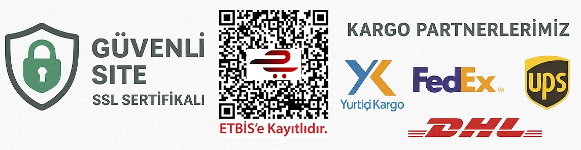 SSL sertifikalı güvenli site rozeti, ETBIS kayıtlı doğrulanmış QR kod ve güvenilir kargo partnerleri FedEx, DHL, UPS ile hızlı, güvenli ve sorunsuz teslimat garantisi.