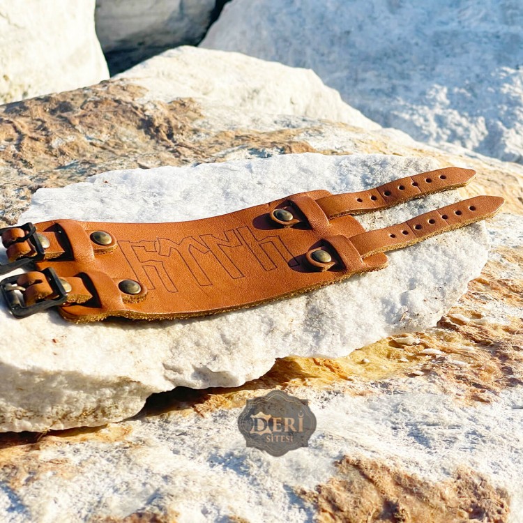 Old Turkic Script Leather Bracelet with Double Buckle - Necklace Gift Old Turkic Script Leather Bracelet with Double Buckle - Necklace Gift