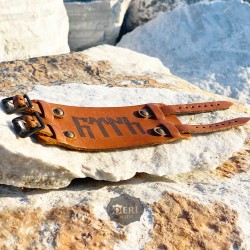 Göktürkçe Türk Kalın Baskılı Deri Bileklik Çift Kayışlı Model - Kolye Hediye