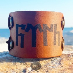 Göktürkçe Türk Kalın Baskılı Deri Bileklik Çift Kayışlı Model - Kolye Hediye