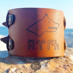 Kurt Başlı Göktürkçe Türk Yazılı Deri Bileklik - Çift Tokalı Model - Kolye Hediye