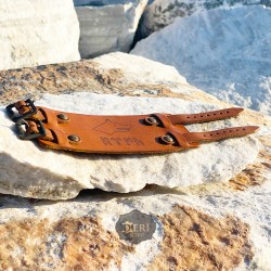 Kurt Başlı Göktürkçe Türk Yazılı Deri Bileklik - Çift Tokalı Model - Kolye Hediye