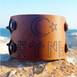 Ayyıldız ve Göktürkçe Türk Baskılı Deri Bileklik Çift Kayışlı Model - Kolye Hediye
