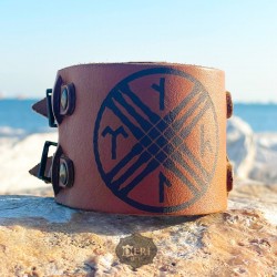 Tengri Göktürk Tamga Baskılı Deri Bileklik - Çift Kayışlı Model - Kolye Hediyeli