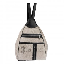 Kadın Deri Sırt Çantası - Bej Rengi - Hakiki Koyun Derisi Kadın Deri Sırt Çantası - Bej Rengi - Hakiki Koyun Derisi