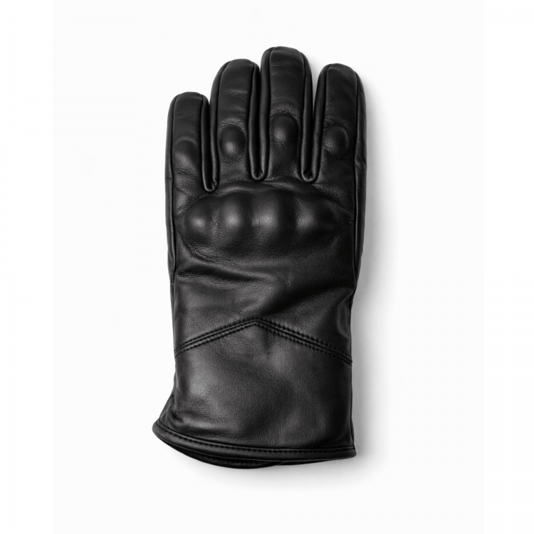 Hakiki dana derisi siyah motorcu eldiveni, parmak boğumları ve avuç içi korumalı, cırt cırtlı bilek kayışlı, miflon astarlı detay görünümü