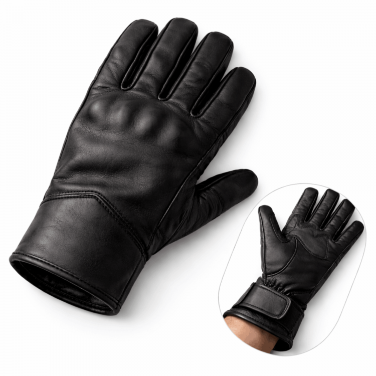 Hakiki dana derisi siyah motorcu eldiveni, parmak boğumları ve avuç içi korumalı, cırt cırtlı bilek kayışlı, miflon astarlı detay görünümü