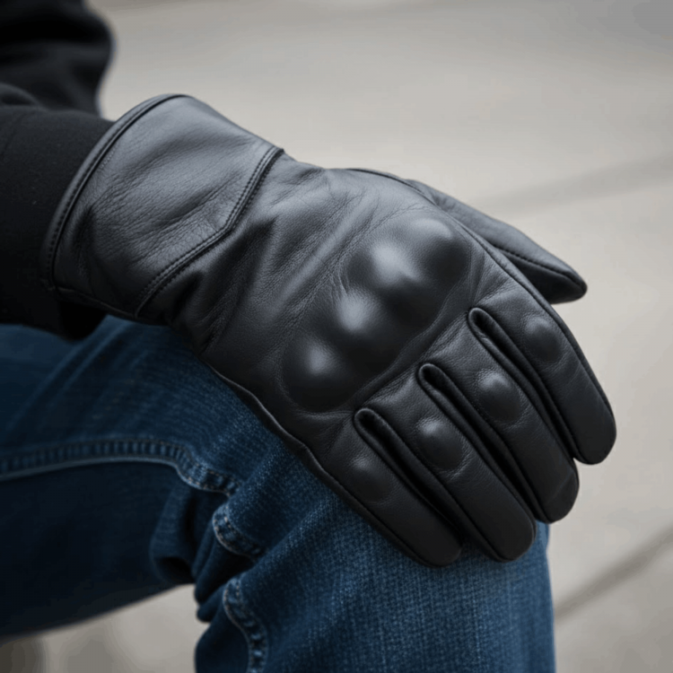 Hakiki dana derisi siyah motorcu eldiveni, parmak boğumları ve avuç içi korumalı, cırt cırtlı bilek kayışlı, miflon astarlı detay görünümü