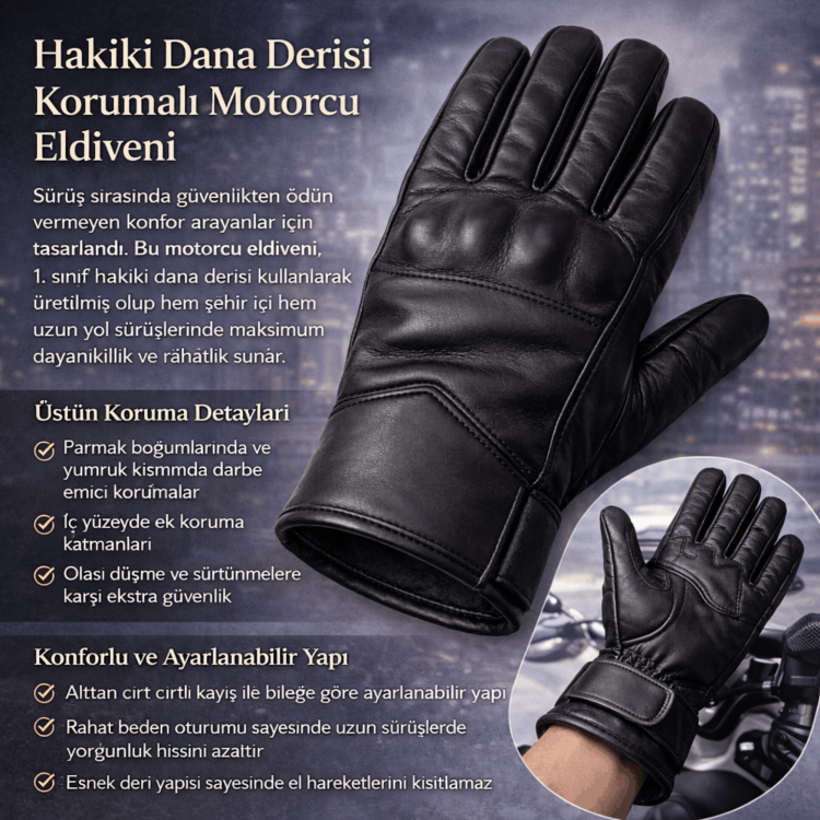Hakiki dana derisi siyah motorcu eldiveni, parmak boğumları ve avuç içi korumalı, cırt cırtlı bilek kayışlı, miflon astarlı detay görünümü