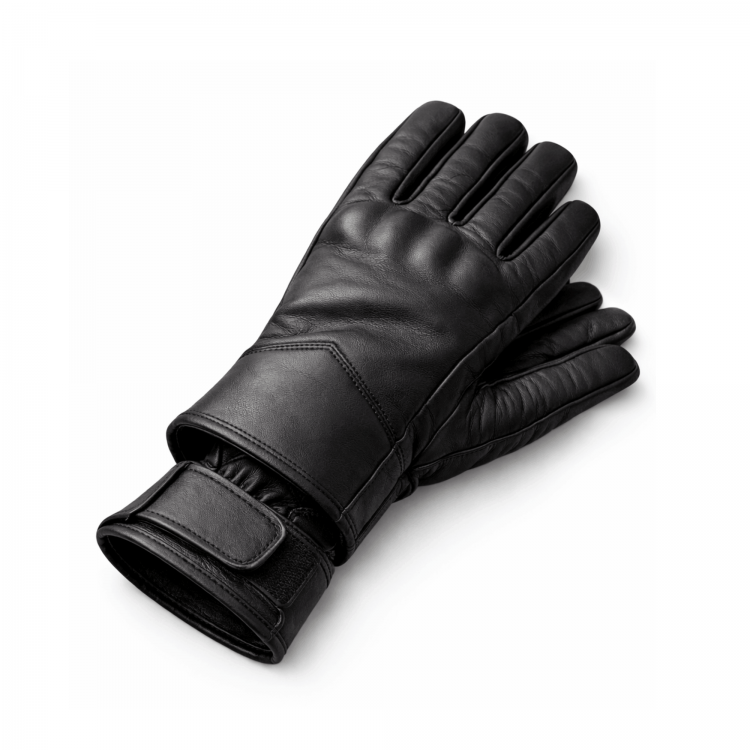 Hakiki dana derisi siyah motorcu eldiveni, parmak boğumları ve avuç içi korumalı, cırt cırtlı bilek kayışlı, miflon astarlı detay görünümü