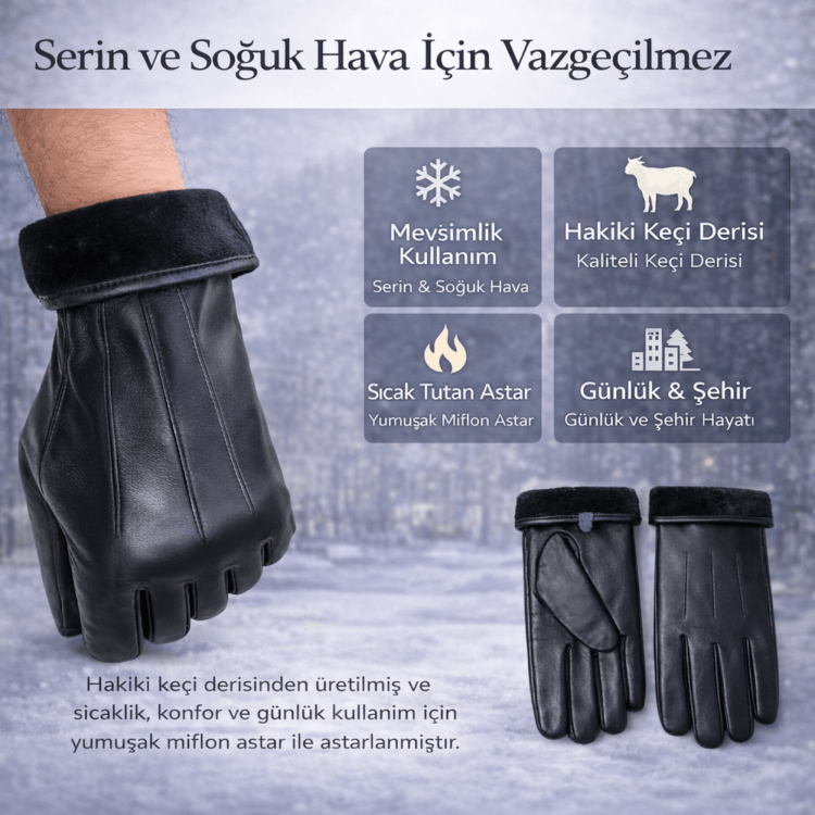 Hakiki Keçi Derisi Sıcak Tutan Miflon Astarlı Erkek Eldiven - Uygun Fiyatlı