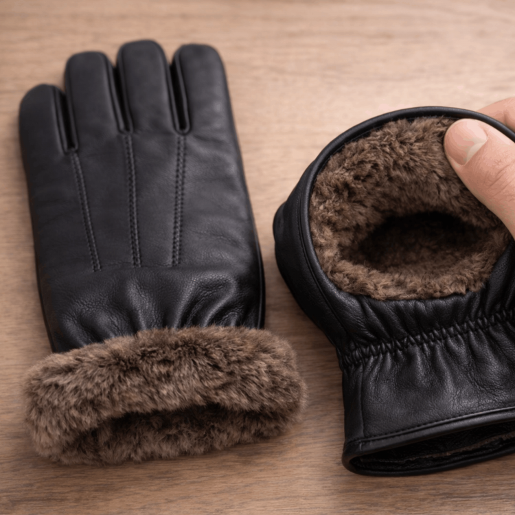İçi kürklü hakiki kuzu derisi erkek eldiven, siyah renk, soğuk havalarda sıcak tutan kışlık deri eldiven
