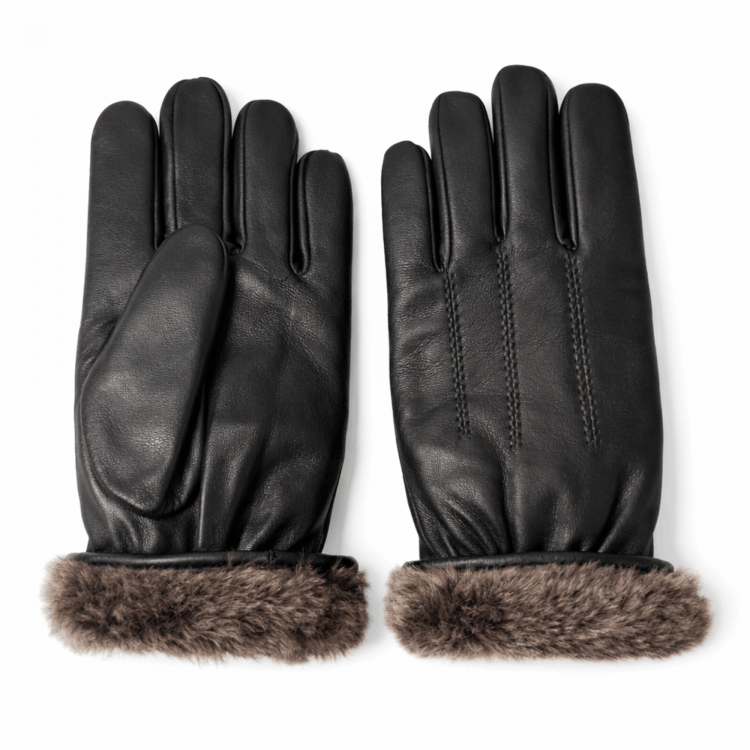 İçi kürklü hakiki kuzu derisi erkek eldiven, siyah renk, soğuk havalarda sıcak tutan kışlık deri eldiven