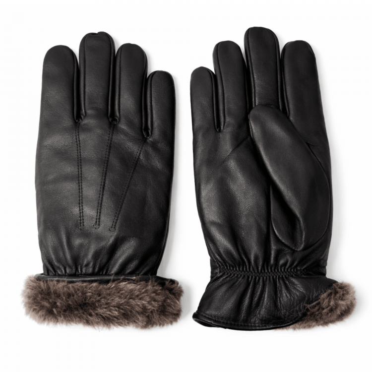 İçi kürklü hakiki kuzu derisi erkek eldiven, siyah renk, soğuk havalarda sıcak tutan kışlık deri eldiven